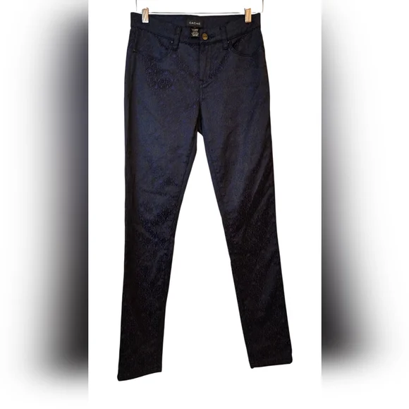 Cache Women's Low Rise Skinny Leg Pants Blue/Black Floral Jacquard Design Size 2 - Picture 2 of 11